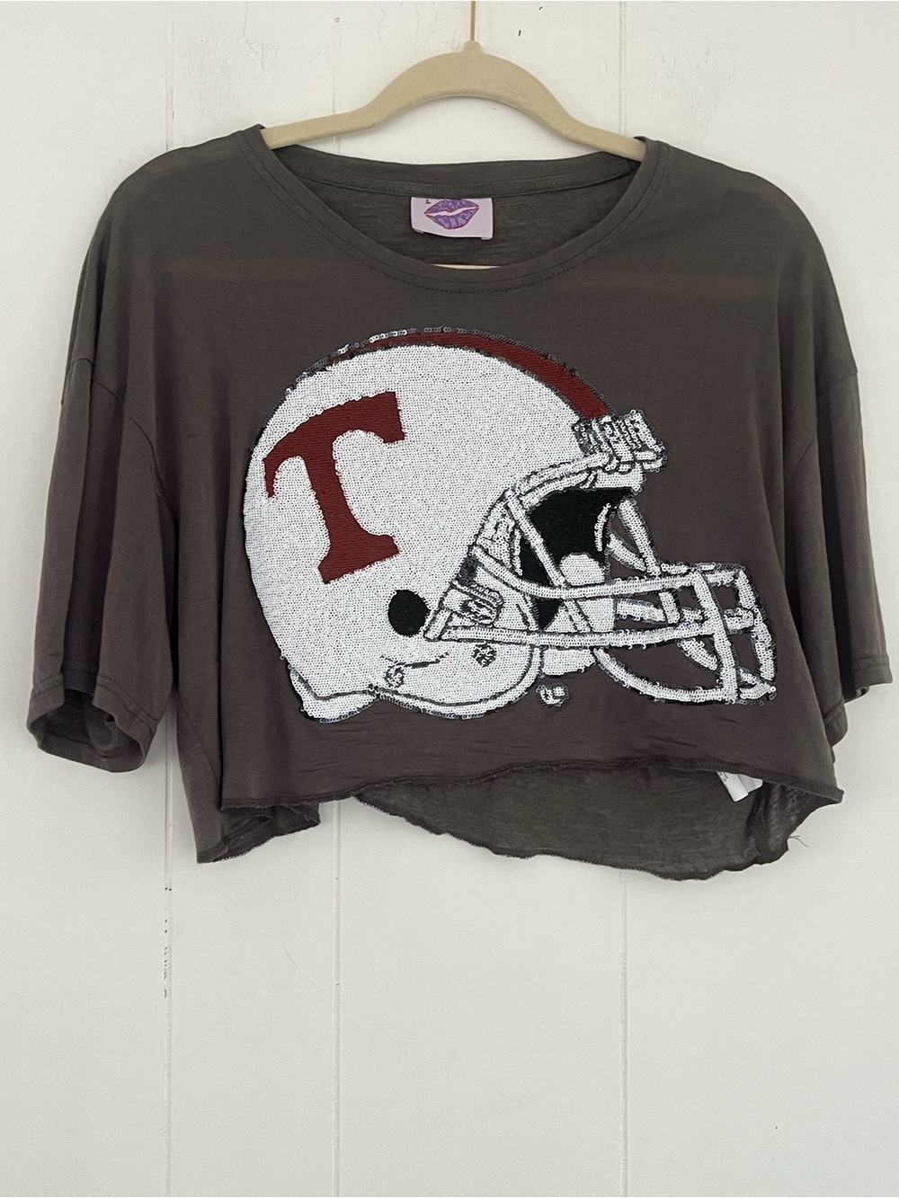 University of Tennessee VOLS Women's Gray Cropped Tee Sequin Helmut Size Large